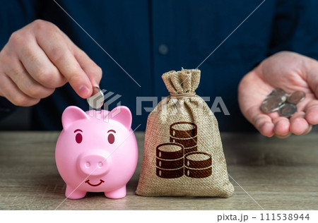 Accumulation of money. Putting coins in a piggy bank. Banks and finance. Investments, fundraising. Savings management. Savings and accumulation of funds from cutting expenses. 111538944