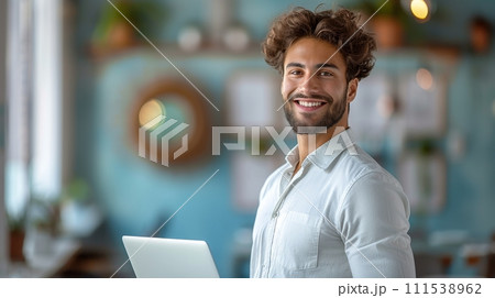 AI-generated content. Isolated on blue background, young modern businessman holds laptop while looking at camera with happy smile 111538962