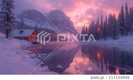 AI-generated content. THE YOHO NATIONAL PARK - JANUARY 23, 2020: Emerald Lake at Sunset, Emerald Lake at Sunset 111538986