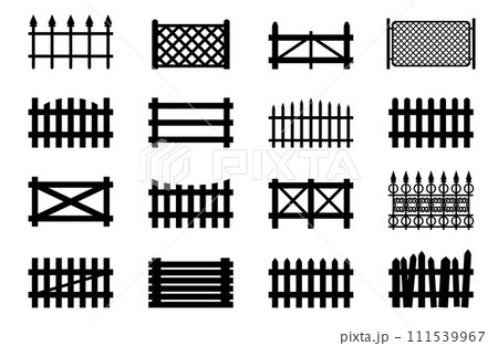 Fences set, picket, wooden and wire garden fence, park or yard obstruction, vector 111539967