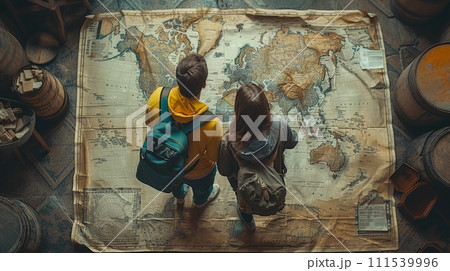 AI-generated content. Orientation map for honeymoon vacation for young couple. Pointing to Europe Rome. 111539996