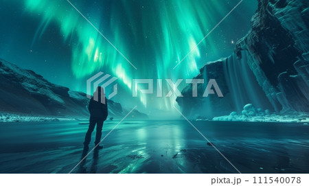 AI-generated content. The back view of an unrecognizable traveler admiring the majestic polar lights during a trip through Iceland 111540078