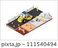 Isolated vector isometric road construction scene with workers, road roller and different layers of asphalt. 111540494