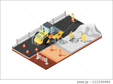 Isolated vector isometric road construction scene with workers, road roller and different layers of asphalt. 111540494