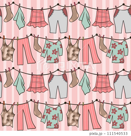 Hand drawn seamless pattern with pink pastel laundry clothesline hanging clothes. Dress pants socks on string line drying dry summer housework in beige orange green, cotton fabric fashion background. Hand drawn seamless pattern with pink pastel laundry clothesline hanging clothes. Dress pants socks on string line drying dry summer housework in beige orange green, cotton fabric fashion background. 111540533