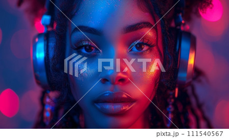 AI-generated content. Fashion models wearing chroma clothing and headphones with futuristic style, gen-z makeup and technological aesthetics of young people isolated in a studio. 111540567