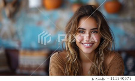 AI-generated content. A young and happy Latina uses a laptop device against a blue background. The computer is being held by the female model, who is smiling while she is presenting a job search 111540675