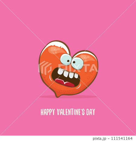 Vector Valentines day greeting card with funny cartoon heart character isolated on pink background. Conceptual valentines day comic funky kids poster or banner Vector Valentines day greeting card with funny cartoon heart character isolated on pink background. Conceptual valentines day comic funky kids poster or banner 111541164
