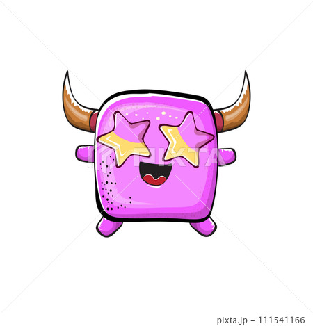 Vector cartoon funny pink monster with horn isolated on white background. Smiling silly pink monster print sticker design template. Ghost, troll, gremlin, goblin, devil and monster Vector cartoon funny pink monster with horn isolated on white background. Smiling silly pink monster print sticker design template. Ghost, troll, gremlin, goblin, devil and monster 111541166