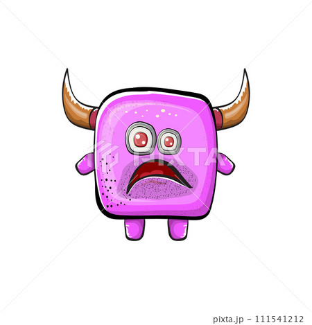 Vector cartoon funny pink monster with horn isolated on white background. Smiling silly pink monster print sticker design template. Ghost, troll, gremlin, goblin, devil and monster 111541212