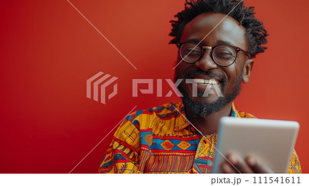 AI-generated content. An African male is amusing himself while scrolling on an app on a tablet while standing against a red studio background. He is reading an email and typing on his phone. 111541611