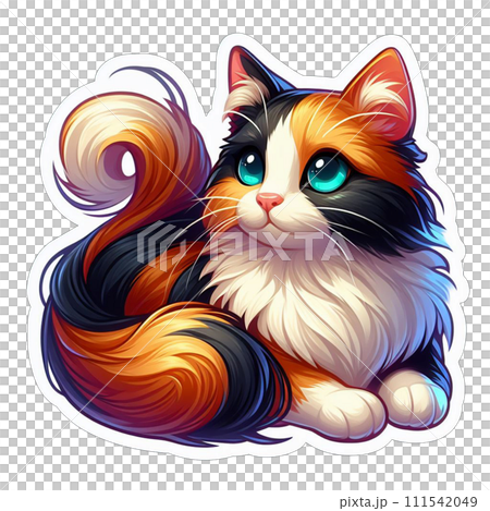 tricolor cat sticker. cartoon cat with long hair 111542049
