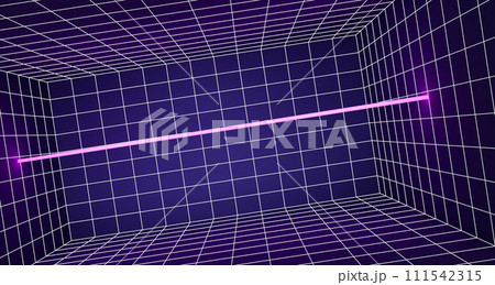 Wireframe room 3d perspective with glowing laser line on grid background. Abstract blue pink neon rectangle box interior with led light lamp. Retro futuristic 80s sci fi matrix design. 3D illustration 111542315