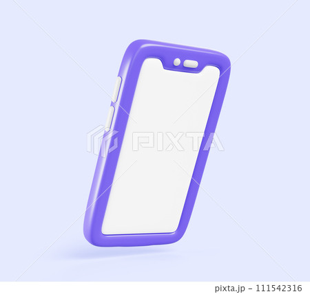 3d smartphone icon with empty white screen render. Cartoon mock up of purple mobile phone with blank touchscreen isolated on blue background angle view, template for game ui design. 3D illustration 111542316