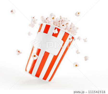 3d popcorn bucket icon with empty label. Realistic render of red and white striped cardboard box full pop corn isolated on background. Salty or sweet cinema snack mockup. Movie food. 3D illustration 111542318