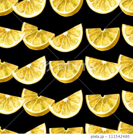 Watercolor pattern. Yellow lemon slices hand drawn in watercolor on a black background. Suitable for printing on fabric and paper, for kitchen decoration, decoration of dishes and towels, tablecloths. Watercolor pattern. Yellow lemon slices hand drawn in watercolor on a black background. Suitable for printing on fabric and paper, for kitchen decoration, decoration of dishes and towels, tablecloths. 111542480