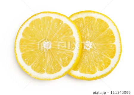 Ripe lemon slices isolated on white background with full depth of field. Top view. Flat lay 111543093
