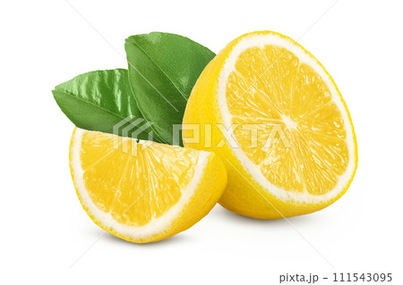 Ripe lemon half and slice isolated on white background with full depth of field. 111543095