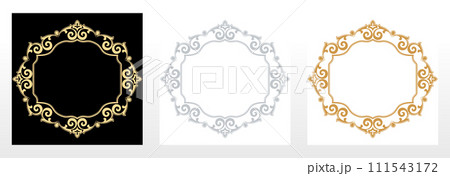 Set of decorative frames Elegant vector element for design in Eastern style, place for text. Floral black, gold and gray borders. Lace illustration for invitations and greeting cards 111543172