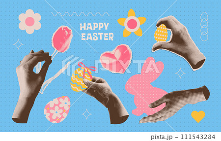 Halftone Collage artwork torn paper stickers set for invitation. card. brochure with female hands holding painted eggs, flower and bunny silhouette. Vector y2k sticker collection. Halftone Collage artwork torn paper stickers set for invitation. card. brochure with female hands holding painted eggs, flower and bunny silhouette. Vector y2k sticker collection. 111543284