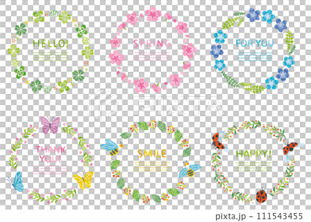 Round frame set of spring plants flowers and insects 111543455