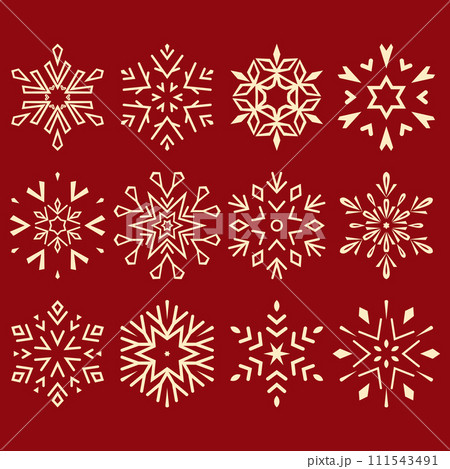 Snowflakes icon collection. Graphic modern gold and red ornament Snowflakes icon collection. Graphic modern gold and red ornament 111543491