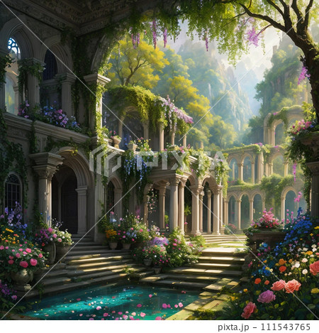 花と木とロココ調の建物 111543765