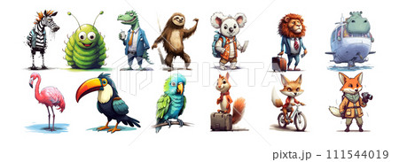 AI-generated content. Colorful Assembly of Animated Animals in Various Attire: A Unique Vector Illustration of Diverse Creatures Showcasing Distinct 111544019
