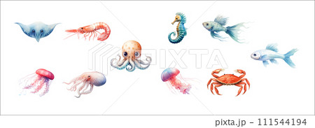 AI-generated content. Colorful and Detailed Illustration of Various Sea Creatures Including Stingray, Shrimp, Octopus, Jellyfish, Seahorse, Fish 111544194