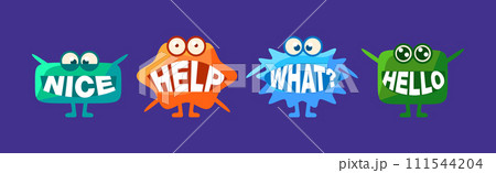 Monster with Words In Mouth Funny Character on Blue Background Vector Set 111544204