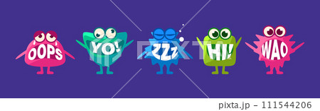 Monster with Words In Mouth Funny Character on Blue Background Vector Set Monster with Words In Mouth Funny Character on Blue Background Vector Set 111544206