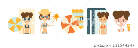 Sun Ultraviolet Protection at Summer Beach Icon Vector Set Sun Ultraviolet Protection at Summer Beach Icon Vector Set 111544247