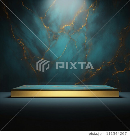 深緑と金色のマーブル背景に四角い展示台がある秋冬用の抽象正方形バナー。AI生成画像 111544267