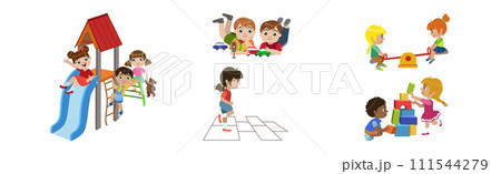 Kid Character Play Toy and Game Have Fun Vector Set 111544279