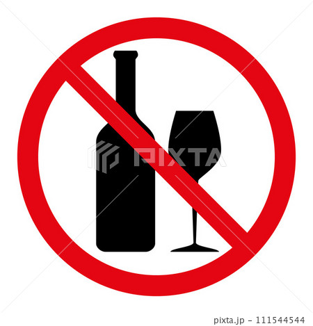 No alcohol symbol, prohibitory sign, red crossed out circle symbol with bottle and glass silhouette No alcohol symbol, prohibitory sign, red crossed out circle symbol with bottle and glass silhouette 111544544