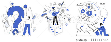 Business innovation vector illustration. In orchestra business, ambition plays melodic notes growth and innovation Creativeness is gardener tending to flowers success in business garden 111544782
