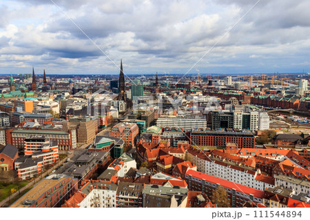 Aerial view of Hamburg city center, Germany. View from bell tower of St. Michael's Church 111544894