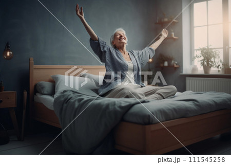 Elderly Lady Celebrating Morning in Pajamas 111545258