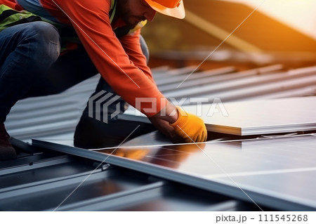 Focused Solar Panel Installer at Work 111545268