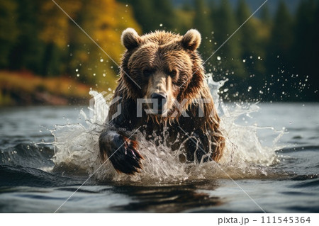 Brown bear fishing in a river. Generative AI 111545364