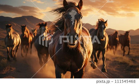 A herd of wild horses rides across the steppe. Generative AI 111545468