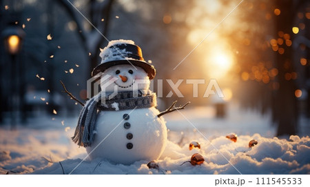 Little cute snowman in a knitted hat and scarf...のイラスト素材 [111545533 ...