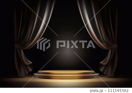 Golden podium with black curtains on dark background. Realistic illustration 111545562