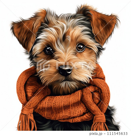 Portrait of a Yorkshire Terrier in a scarf. illustration. 111545633