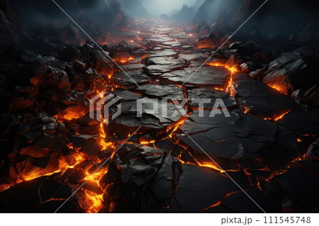 Scorched rock floor with molten rocks and lava cracks. Generative AI 111545748
