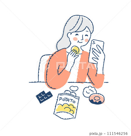 お菓子を食べながらスマートフォンを見ている女性 お菓子を食べながらスマートフォンを見ている女性 111546256