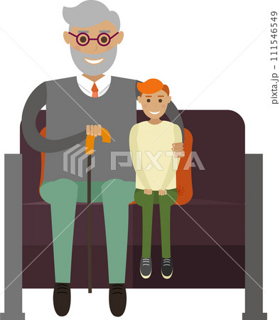 Granddad witting with grandson on sofa vector icon isolated on white 111546549
