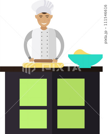 Baker kneading dough on kitchen vector icon isolated on white 111546616