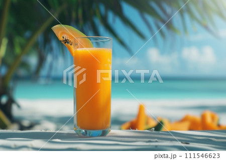 AI-generated content. Tropical Papaya lassi or fruits juice on sunny beach under palm shadow. Freshness cold beverage made of yogurt, water, spices, fruits and ice. Popular beverage in Asia. Close up AI-generated content. Tropical Papaya lassi or fruits juice on sunny beach under palm shadow. Freshness cold beverage made of yogurt, water, spices, fruits and ice. Popular beverage in Asia. Close up 111546623