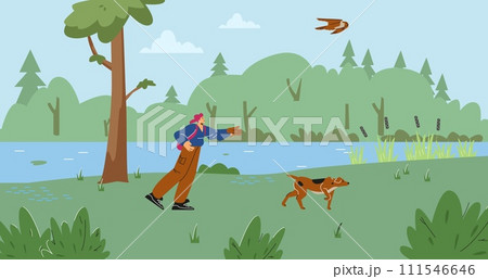Person and hawking glove hunting with falcon bird and dog in the forest near the lake, vector cartoon Falconry training Person and hawking glove hunting with falcon bird and dog in the forest near the lake, vector cartoon Falconry training 111546646